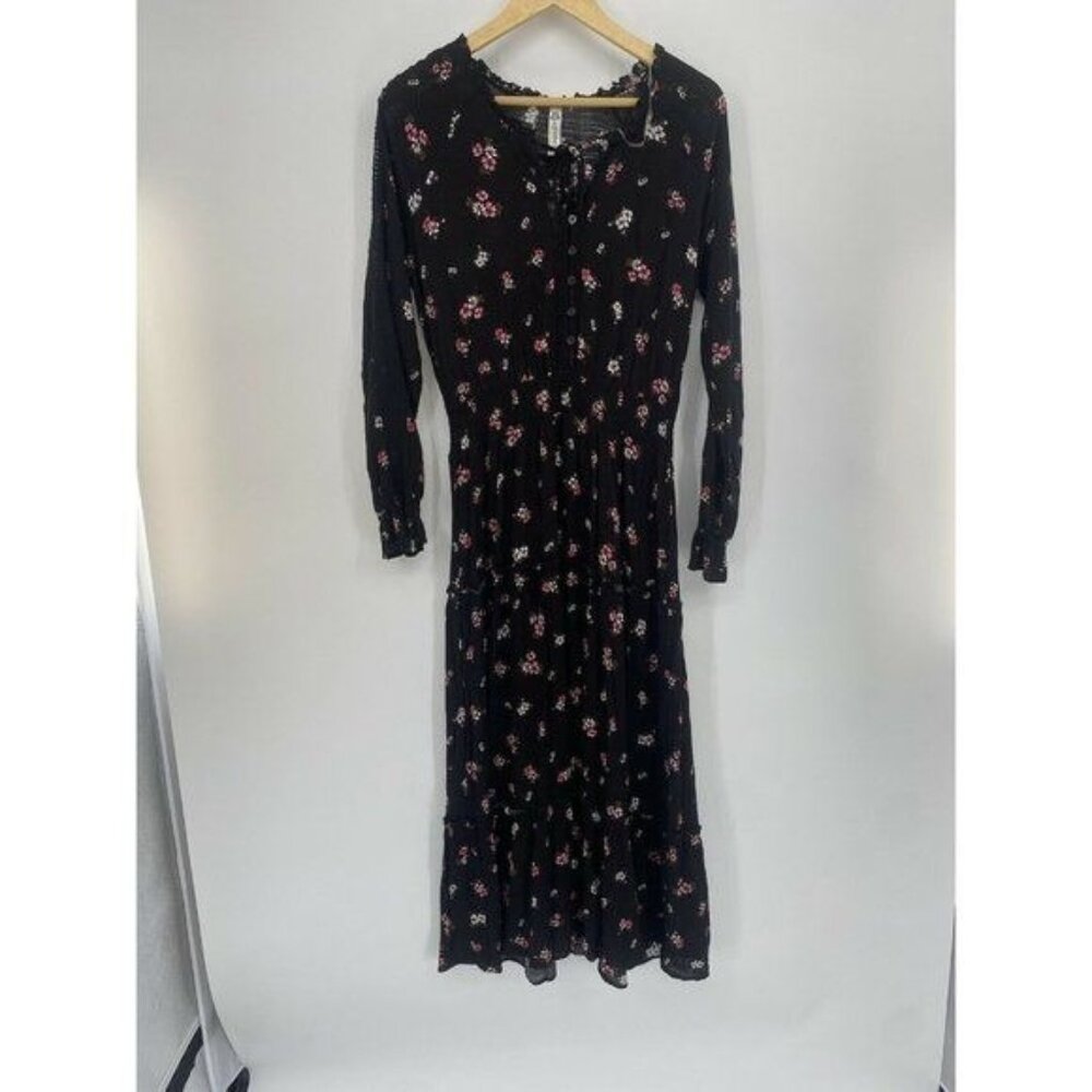 American rag Black Boho Dress Gathered Waist Floral small new
